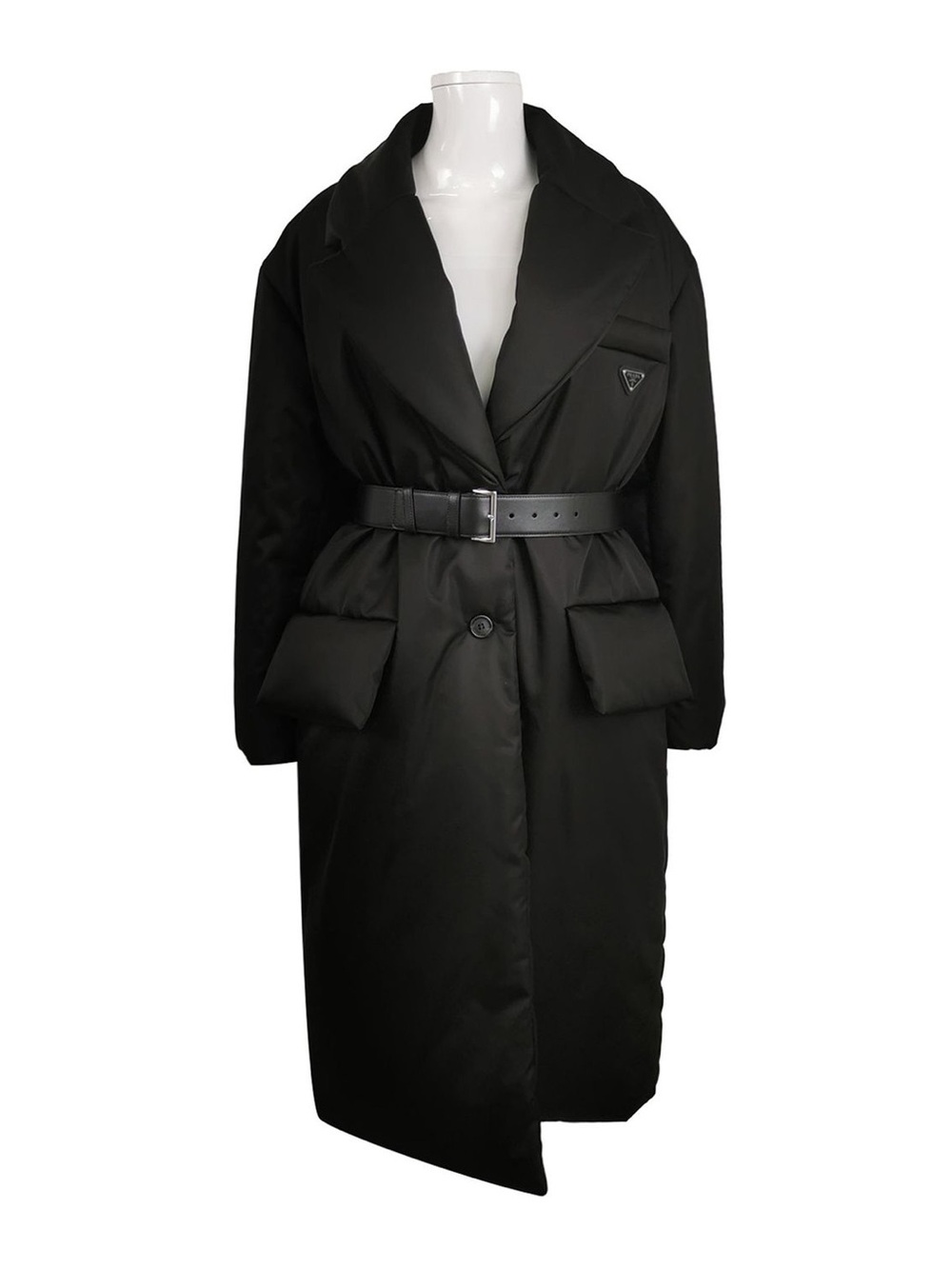 Prada Re-Nylon Long Puffer Coat Black Leather Belt Triangle Logo 46 IT NWT